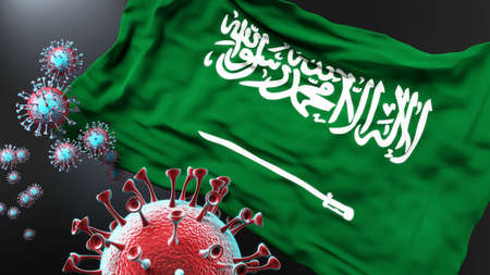 Saudi Arabia and the covid pandemic - corona virus attacking national flag of Saudi Arabia to symbolize the fight, struggle and the virus presence in this country, 3d illustrationの写真素材