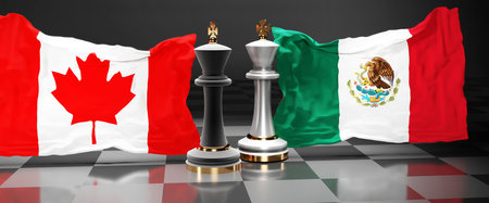 Canada Mexico summit, meeting or aliance between those two countries that aims at solving political issues, symbolized by a chess game with national flags, 3d illustrationの写真素材