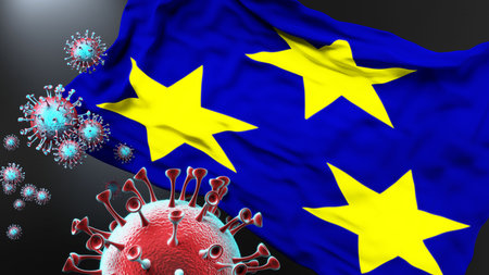 Budva Montenegro and covid pandemic - virus attacking a city flag of Budva Montenegro as a symbol of a fight and struggle with the virus pandemic in this city, 3d illustrationの写真素材