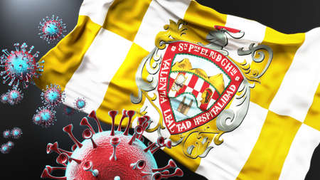 Chihuahua and covid pandemic - virus attacking a city flag of Chihuahua as a symbol of a fight and struggle with the virus pandemic in this city, 3d illustrationの写真素材