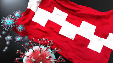 Buren and covid pandemic - virus attacking a city flag of Buren as a symbol of a fight and struggle with the virus pandemic in this city, 3d illustrationの写真素材