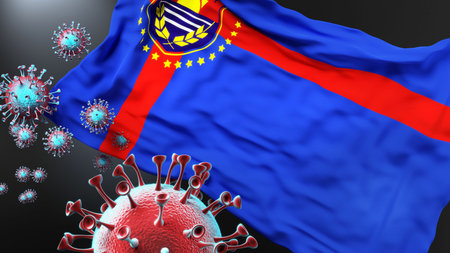 Covid in Debarca Municipality North Macedonia - coronavirus and a flag of Debarca Municipality North Macedonia as a symbol of pandemic in this city, 3d illustrationの写真素材