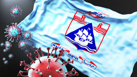 Haifa and covid pandemic - virus attacking a city flag of Haifa as a symbol of a fight and struggle with the virus pandemic in this city, 3d illustrationの写真素材