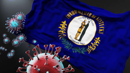 Kentucky and covid pandemic - virus attacking a state flag of Kentucky as a symbol of a fight and...