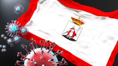 Gijon and covid pandemic - virus attacking a city flag of Gijon as a symbol of a fight and struggle with the virus pandemic in this city, 3d illustrationの写真素材