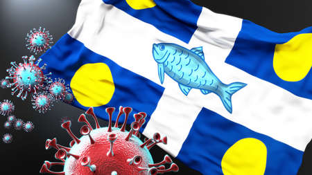 Covid in Fortune Newfoundland and Labrador - coronavirus attacking a flag of Fortune Newfoundland and Labrador as a symbol of a fight and struggle with the virus pandemic in this city, 3d illustrationの写真素材