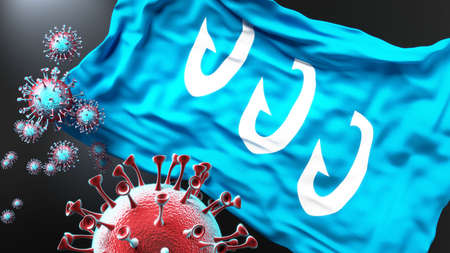 Froya and covid pandemic - virus attacking a city flag of Froya as a symbol of a fight and struggle with the virus pandemic in this city, 3d illustrationの写真素材