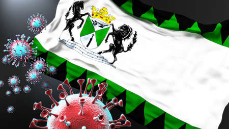 Emmen and covid pandemic - virus attacking a city flag of Emmen as a symbol of a fight and struggle with the virus pandemic in this city, 3d illustrationの写真素材
