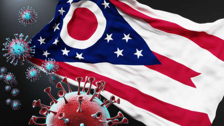 Ohio and covid pandemic - virus attacking a state flag of Ohio as a symbol of a fight and struggle...
