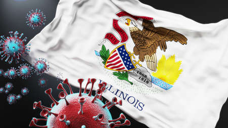 Illinois and covid pandemic - virus attacking a state flag of Illinois as a symbol of a fight and struggle with the virus pandemic in this state, 3d illustrationの写真素材