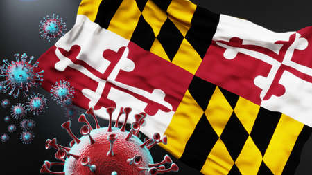 Maryland and covid pandemic - virus attacking a state flag of Maryland as a symbol of a fight and struggle with the virus pandemic in this state, 3d illustrationの写真素材