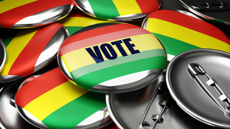 Vote in Bolivia - national flag of Bolivia on dozens of pinback buttons symbolizing upcoming Vote in this country. , 3d illustrationの写真素材