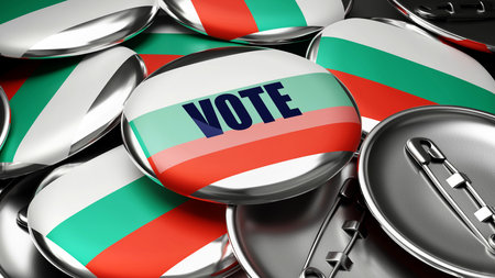 Vote in Bulgaria - national flag of Bulgaria on dozens of pinback buttons symbolizing upcoming Vote in this country. , 3d illustrationの写真素材
