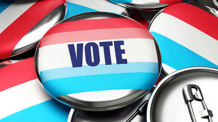 Vote in Luxembourg - national flag of Luxembourg on dozens of pinback buttons symbolizing upcoming Vote in this country. , 3d illustrationの写真素材