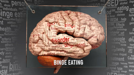 Binge eating anatomy - its causes and effects projected on a human brain revealing Binge eating...