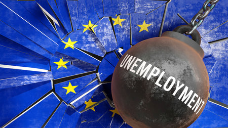 EU Europe and Unemployment that destroys the country and wrecks the economy. Unemployment as a force causing possible future decline of the nation,3d illustrationの写真素材