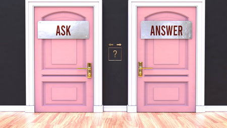 Ask or Answer - making decision by choosing either one. Two alternative options manifested as doors leading to different outcomes. Selection and picking up either Ask or Answer.,3d illustrationの写真素材