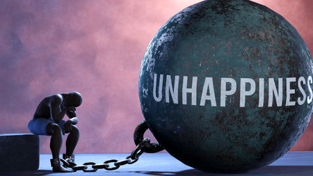 Unhappiness that limits life and make suffer, imprisoning in painful condition. It is a burden that keeps a person enslaved in misery.,3d illustrationの写真素材