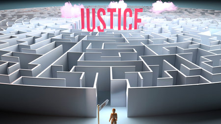 Justice and a challenging path that leads to it - confusion and frustration in seeking it, complicated journey to Justice,3d illustrationの写真素材