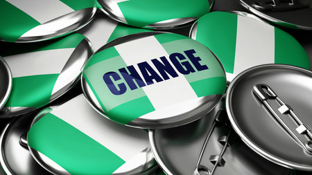 Change in Nigeria - national flag of Nigeria on dozens of pinback buttons symbolizing upcoming Change in this country. ,3d illustrationの写真素材