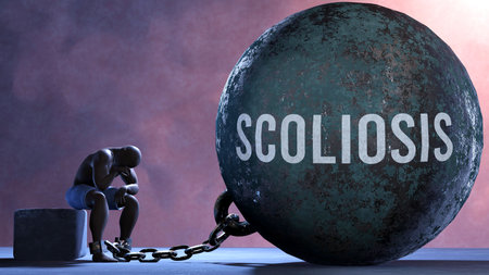 Scoliosis - a gigantic and unmovable weight chained to a vulnerable and suffering person in pain, misery and helplessness. Cold and tragic condition created by Scoliosis ,3d illustrationの写真素材