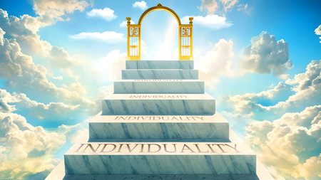Individuality as stairs to reach out to the heavenly gate for reward, success and happiness.Individuality elevates and brings closer to the goals, achievements and final reward,3d illustrationの写真素材