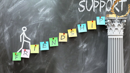 Friendship leads to Support - a metaphor showing how friendship makes the way to reach desired support. Symbolizes the importance of friendship and cause and effect relationship.,3d illustrationの写真素材