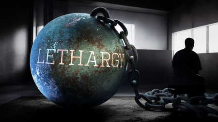 Lethargy - a metaphorical view of exhausting human struggle with lethargy. Taxing and strenuous fight against a heavy weight. Pain in isolation and loneliness,3d illustrationの写真素材