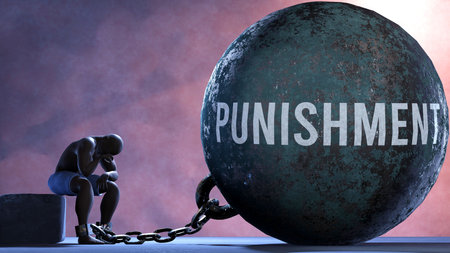 Punishment - a metaphor showing human struggle with Punishment. Resigned and exhausted person chained to Punishment. Drained and depressed by a continuous struggle,3d illustrationの写真素材