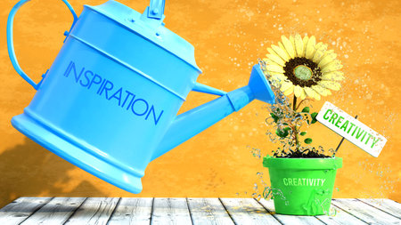 Inspiration gives creativity. A metaphor in which inspiration is the power that makes creativity to grow. Same as water is important for flowers to blossom.,3d illustrationの写真素材