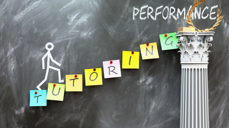 Tutoring leads to Performance - a metaphor showing how tutoring makes the way to reach desired performance. Symbolizes the importance of tutoring. ,3d illustrationの写真素材