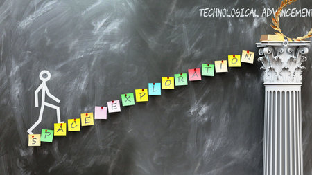 Space Exploration leads to Technological Advancement - a metaphor showing how space exploration makes the way to reach desired technological advancement.の写真素材