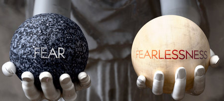 Fear or Fearlessness - decide between two options. Greek statue presenting a choice: fear or...