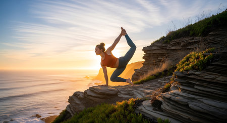 Young woman practicing yoga on the beach at sunset. Yoga concept.の素材