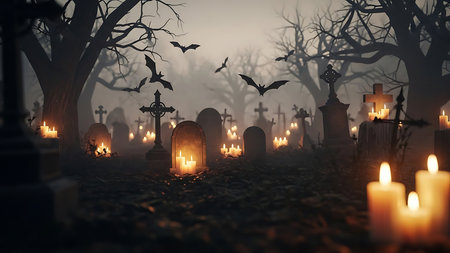 Halloween concept. Scary graveyard with burning candles and bats. 3d renderの素材
