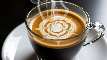 cup of coffee with latte art on the black background, close upの素材