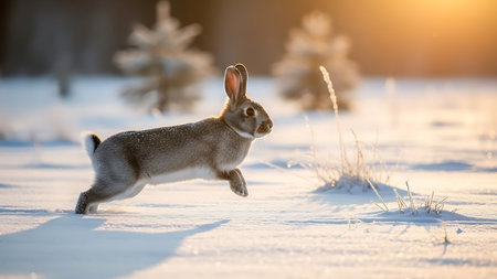 Rabbit running on snow in winter forest. Wildlife scene from nature.の素材