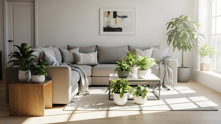 modern living room interior with sofa and plants, 3d render illustrationの素材