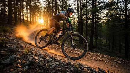 Cyclist Riding the Mountain Bike on the Rocky Trail at Sunset. Extreme Sport Concept.の素材