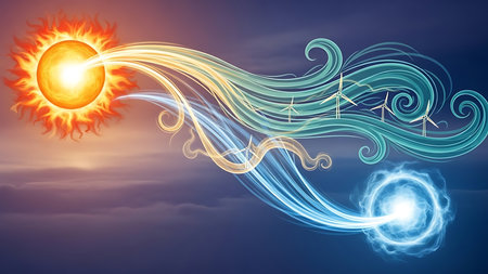 Wind energy and sun on blue sky background. Alternative energy concept.の素材