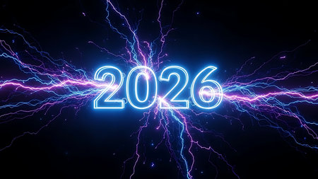 New Year 2016 written with electric lightning on black background. 3D renderingの素材
