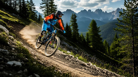 Cyclist Riding the Mountain Bike on the Trail in the Italian Dolomites.の素材