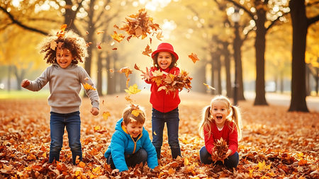 Happy kids playing with autumn leaves in the park. Children having fun outdoors.の素材