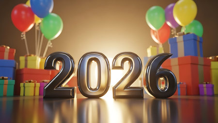 Happy new year 2016 with gift boxes and balloons, 3d renderの素材