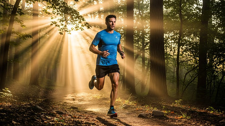 Running man jogging in forest at sunrise. Sport fitness model caucasian ethnicity training outdoor.の素材