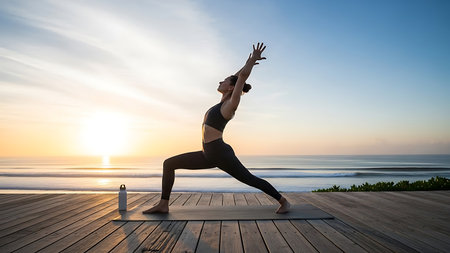 Young woman practicing yoga outdoors at sunrise. Concept of healthy lifestyle and relaxation.の素材