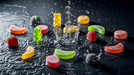 Colorful candies falling into water on black background, closeupの素材