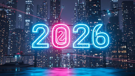 New year 2016 glowing neon sign on city background. New year concept. Double exposureの素材