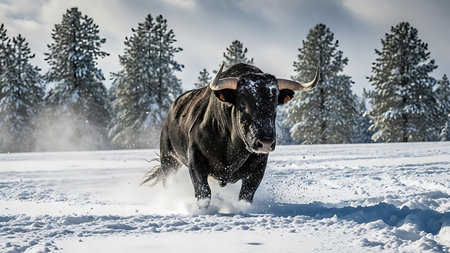 Black bull running in the snow in a winter field with pine treesの素材