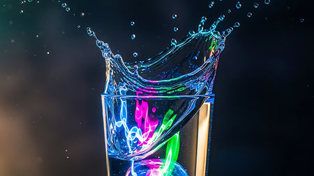 Colorful water splashing in glass on black background, abstract backgroundの素材